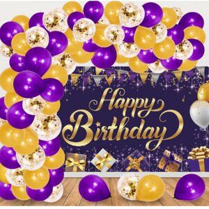 Purple Gold and White Happy Birthday Party Photography Backdrop Banner